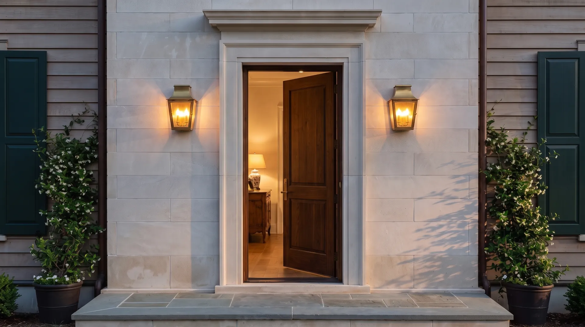 An open front door with warm light spilling onto a stone doorstep