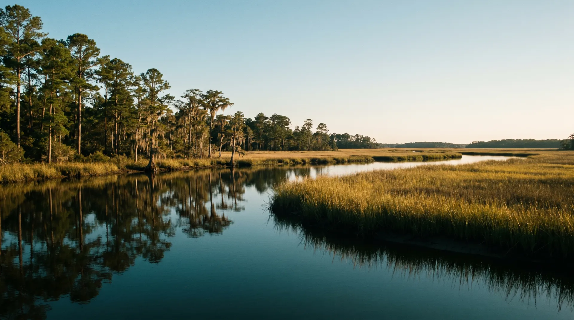 Pine trees and golden marsh grass beside quiet water, an Eastern North Carolina inspired scene